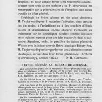 0320 - Page 320 - Revue des journaux. Notes sur le lichen planus, par R.-W. Taylor. (Archives of dermatology, octobre 1874) / Livres déposés au bureau du journal