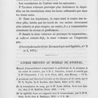 0400 - Page 400 - Revue des journaux. Des effets de la stase veineuse dans la peau, par le Dr Auspitz, de Vienne. (Vierteljahresschrift fur Dermatologie and Syphilis, 1874) / Livres déposés au bureau du journal