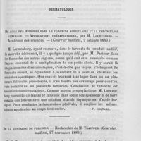 0103 - Page 97 - Revue française. Dermatologie. Du rôle des microbes dans le furoncle auriculaire et la furonculose générale. — Applications thérapeutiques, par M. Loewenberg. — Académie des sciences. — (Courrier médical, 9 octobre 1880) / De la contagion du furoncle. — Recherches de M. Trastour. (Courrier médical, 27 novembre 1880)