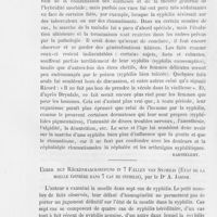 0311 - Page 304 - Revue de syphiligraphie. Influence de la diathèse tuberculeuse, goutteuse ou autre sur la syphilis. — Discussion au Congrès international de Londres sur les communications de M. Le professeur Verneuil, MM. Hutchinson, H. Bennett, Drysdale / Ueber den Rückenmarcksbefund in 7 Faellen von Syphilis (État de la moelle épinière dans 7 cas de syphilis), par le Dr A. Jarish (Vierteliahresschrift für Dermatologie und Syphilis, 1881)