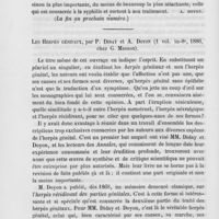0324 - Page 320 - Bibliographie. La pratique des maladies vénériennes, par le Dr P. Diday (Chez Asselin et Houzeau, Paris, 1886) / Les Herpès génitaux, par P. Diday et A. Doyon (1886, chez G. Masson)