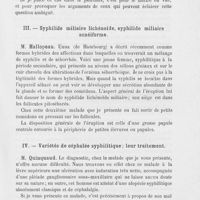 0127 - Page 115 - Réunion clinique herdomadaire des médecins de l'hôpital Saint-Louis. 5e séance. — 27 décembre 1888. Dermatose ambigue, psoriasiforme, eczématoide, syphiloide, M. E. Besnier / Syphilide miliaire lichénoide, syphilide miliaire acnéiforme, M. Hallopeau / Variétés de céphalée syphilitique ; leur traitement, M. Quinquaud