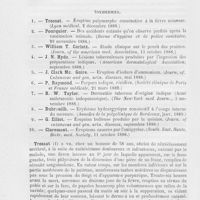 0596 - Page 584 - Revue de dermatologie. Toxidermies. Trossat. — Éruption polymorphe consécutive à la fièvre urineuse. (Lyon médical, 1888) / Pourquier. — Dos accidents cutanés qu'on observe parfois après la vaccination animale, (Revue d'hygiène et de police sanitaire, 1888)