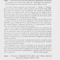 1005 - Page 993 - Revue des thèses de dermatologie. Lymphosarcome. — Kundrat. Ueber Lympho-sarkomatosis. (Wiener klin. Wochenschrift, 1893) / Lèpre. — Om Loven af 6te juni 1885 angaaende Spedalskes afsondring (A propos de la loi du 6 juin 1885 sur l'isolement des lépreux). (Norsk Magazin for Lagevidenskaben, mars 1893) / Lèpre. — Friarte. Traitement de la lèpre par l'otoba. (Revista medica de Bogota. 1893)