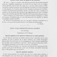 1324 - Page 1327 - Revue des sociétés savantes. Société viennoise de dermatologie. Séance du 19 avril 1893. Chancre de l'anus et rétention d'urine / Lichen ruber plan du pénis et du scrotum / New-York dermatological society. Cas de syphilis avec chancre induré de la voûte palatine / Cas de syphilis insolite