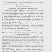 1330 - Page 1333 - Revue des sociétés savantes. Société médicale des hopitaux de Paris. Séance du 28 juillet 1893. Note sur un cas d'érythème noueux intra-buccal / Séance du 20 octobre 1893. Rhumatisme blennorrhagique dans l'enfance / Séance du 3 novembre 1893. Trois cas d'actinomycose thoracique ; efficacité du traitement par l'iodure de potassium / Gommes syphilitiques cutanées, développées 52 ans après le chancre