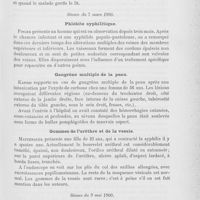 0091 - Page 87 - Revue des sociétés savantes. Wiener dermatologische gesellschaft. Séance du 21 février 1900. Prurigo aestivalis / Séance du 7 mars 1900. Phlébite syphilitique / Gangrène multiple de la peau / Gommes de l'urèthre et de la vessie / Séance du 9 mai 1900. Sapolan
