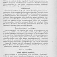 0093 - Page 89 - Revue des sociétés savantes. Berliner dermatologische gesellschaft. Séance du 6 février 1900. Lupus érythémateux aigu / Psoriasis développé sur des cicatrices de vaccin / Gale animale / Leucodermie post-psoriasique / Séance du 6 mars 1900. Lichen simplex chronicus