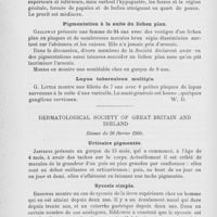 0198 - Page 194 - Revue des sociétés savantes. Dermatological society of London. Séance du 9 mai 1900. Lichen plan linéaire / Dermatite herpétiforme chez un enfant / Pigmentation à la suite du lichen plan / Lupus tuberculeux multiple / Dermatological society of Great Britain and Ireland. Séance du 28 février 1900. Urticaire pigmentée / Sycosis simple / Pelade