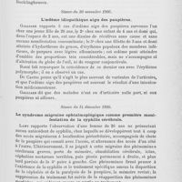 0809 - Page 797 - Revue des sociétés savantes. Société médicale des hôpitaux de Paris. Séance du 6 juillet 1900. Dermo-phosphato-fibromatose nodulaire généralisée avec pigmentation de la peau simulant la maladie de Recklinghausen / Séance du 30 novembre 1900. L'oedème idiopathique aigu des paupières / Séance du 14 décembre 1900. Le syndrome migraine ophtalmoplégique comme première manifestation de la syphilis cérébrale / Séance du 28 décembre 1900. Sur deux formes de syphilide pigmentaire du cou
