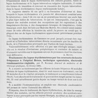0927 - Page 895 - Revue des publications périodiques. Revue de dermatologie. Lupus érythémateux. Étiologie du lupus érythemateux de Cazenave (Zur Aetiologie des Lupus erythematosus Cazenave), par Poor. Dermatologische Zeitschrift, 1901 / Traitement du lupus érythémateux par les courants de haute fréquence à l'hôpital Broca, technique opératoire, électrode condensatrice réglable, par F. Bisserié. Journal de médecine et de chirurgie pratiques, 25 février 1901