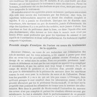 0904 - Page 907 - Le Ve Congrès international de dermatologie (Berlin, 12-17 septembre 1904). Quatrième séance, 14 septembre 1904. Procédé simple d'analyse de l'urine au cours du traitement de la syphilis. Zenowsky / Cinquième séance, 14 septembre 1904. Lésions syphilitiques des vaisseaux. Von Duering