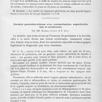 1002 - Page 1005 - Société française de dermatologie syphiligraphie. Séance du 3 novembre 1904. Deux cas de radiodermite ; influence de la source électrique alimentant la bobine sur l'absorption des rayons X et leur action thérapeutique par MM. Gastou et Martin / Dermite paratuberculeuse avec eczématisation superficielle fixe et récidivante par MM. Hudelo, Gastou et F. Lévy
