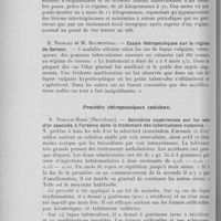0110 - Page 98 - VIIIe congrès international de dermatologie et de syphiligraphie (Copenhague, 5-9 aout 1930). Thème III. — La tuberculose cutanée et son traitement. Kogoj—traitement diététique des tuberculoses / S. Nicolau et M. Blumenthal. — Essais thérapeutiques sur le régime de Gerson / S. Noguir-Moré — Dernières expériences sur les sels d’or associés à l’arsenic dans le traitement des tuberculoses cutanées