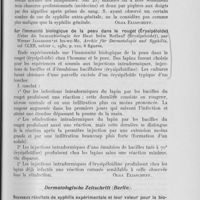 0400 - Page 391 - Analyses des principaux travaux reçus en novembre 1930. Sur les chancres extragénitaux (Ueber extragenitale Primäraffekte), par Arthur Schwarzkopf. Archiv für Dermatologie und Syphilis, 1930 / Sur l’immunité biologique de la peau dans le rouget (Érysipéloïde) (Ueber die Immunbiologie der Haut beim Rotlauf (Erysipeloïde)), par Werner Jadassohn et Lui-wu-Mu. Archiv für Dermatologie und Syphilis, 1930 / Nouveaux résultats de syphilis expérimentale et leur valeur pour la biologie de la syphilis humaine (Neue Ergebnisse der experimentellen Syphilisforschung für die Biologie der menschlichen Lues), par S. Bergel. Dermatologische Zeitschrift, 1930