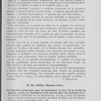 0596 - Page 587 - Analyses des principaux travaux reçus en janvier 1931. Considérations sur un cas de purpura hémorragique chez Une malade atteinte de tuberculose pulmonaire (Consideraciones acerca de un caso de purpura hemorragico en una tuberculosis pulmoriar), par Luis R. T. Valle. Archivos de los hospitales de la sociedad de beneficencia de la capital, 1930 / La malaria thérapie et la paralysie générale progressive (La malarioterapia en la paralisis general progressiva), par Luis Esteves Balado et J. d’Oliveira Esteves. Archivos de los hospitales de la sociedad de beneficencia de la capital, 1930 / Sur l’équilibre acide-base chez Les eczémateux. Le taux de la courbe de glucose, d’urée, de cholestérol et de calcium dans les eczémas (Sobreel equilibrio acido-base en los eczematoses. La tasa y curva de glucosa, urea, colesterol y calcio en el eczema), par Mario E. Massa. El dia médico, 1930