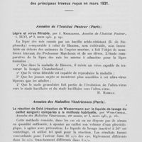0807 - Page 784 - Analyses des principaux travaux reçus en mars 1931. Lèpre et virus filtrable, par J. Markianosi. Annales de l'institut pasteur, 1931 / La réaction de Dold (Réaction de Wassermann sur le liquide de l avage ducaillot sanguin) comparée à la méthode habituelle, par Wyss-Chodal. Annales des maladies vénériennes, 1931
