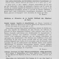 0811 - Page 788 - Analyses des principaux travaux reçus en mars 1931. Rhumatismes blennorragiques, par Jean Lacapère. Bulletin médical, 1931 / Lettre à un médecin praticien sur la dermatologie et La vénéréologie. XxxIII. La « corydonite » ou beaucoup d'ulcérations de l'anus, considérées comme chancrelles, sont de simples ulcérations traumatiques, par Clément Simon. Bulletin médical, 1931 / Diabète insipide. Syphilis et Allasothérapie, par Sézary, Lichtwitz et Benoist. Bulletin et Mémoires de la société médicale des hôpitaux de Paris, 1931 / Infection chronique du doigt. Réticulo-endothéliome, vitiligo généralisé, par F. Costes, A. Hehenschmidt et P. Fould. Bulletins et Mémoires de la société médicale des hôpitaux de Paris, 1931