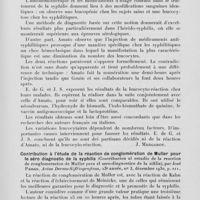 0930 - Page 905 - Analyses des principaux travaux reçus en avril 1931. La leucocyto-réaction de gouin, bienvenue et Daoulas dans le diagnostic de la syphilis (La leucocitorreaccion de gouin, bienvenue y daoulas en el diagnostico de la sífilis), par Eduardo de Gregorio et José Sierra. Actas dermo-sifiliograficas, 1930 / Contribution à l'étude de la réaction de conglomération de muller pour le séro diagnostic de la syphilis (Contribución al estudio de la reacción de conglomeracion de muller para el sero-diagnostico de la sífilis), par José Paisan. Actas dermo-sifiliograficas, 1930 / La diète déchlorurée de Gerson et Sauerbruch dans un cas de lupus récidivant (La dieta declorurada de gerson y sauerbruch ante un caso de lupus recidivante), par J. Fernandez de la Portilla. Actas dermo-sifiliograficas, 1931