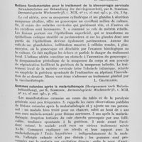 1036 - Page 1011 - Analyses des principaux travaux reçus en mai 1931. Sur l'extension du lymphogranulome inguinal (Zur verbreitung des lymphogranuloma inguinale), par F. Bernstein. Dermatologische wochenschrift., 1931 / Notions fondamentales pour le traitement de la blennorragie cervicale (Grundsätzliches zur behandlung der zervixgonorrhoë), par R. Schröder. Dermatologische wochenschrift, 1931 / Gommes cutanées après la malariathérapie (Hautgummen nach malaria- Behandludg), par K. Schreiner. Dermatologische wochenschrift, 1931