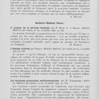 1225 - Page 1200 - Analyses des principaux travaux reçus en juillet 1931. Ponction sous-occipitale, par L. Michaux. Revue française de dermatologie et de vénéréologie, 1931 / A propos de la dermite livédoïde, par P. Blum et J. Bralez. Bulletin médical, 1931 / L'allergie cutanée, par Desaux. Bulletin médical, 1931 / Les kératoses arsenicales médicamenteuses, par R. Barthélémy. Bulletin médical, 1931
