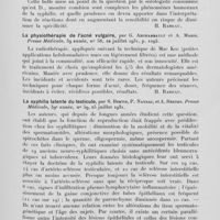 1230 - Page 1205 - Analyses des principaux travaux reçus en juillet 1931. La fonction antigénique des lipoïdes et Les notions nouvelles sur le mécanisme des réactions sérologiques de la syphilis, par R. Demanche. Presse médicale, 1931 / La physiothérapie de l'acné vulgaire, par G. Archambault et A. Marin. Presse médicale, 1931 / La syphilis latente du testicule, par S. Bertin, P. Nayrac, et A. Breton. Presse médicale, 1931