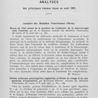 1300 - Page 1275 - Analyses des principaux travaux reçus en août 1931. Revue de l'état actuel de la question du traitement de la blennorragie chez l'homme, par R. S. Iablenik. Annales des maladies vénériennes, 1931 / Iodides bulleuses pemphigoides végétantes profuses du visage et du cou apparues brusquement, par Houloussi Behdpet. Annales des maladies vénériennes, 1931
