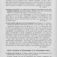 1301 - Page 1276 - Analyses des principaux travaux reçus en août 1931. Uréthrites chroniques et impuissance, par E. Orphanides (Stamboul). Annales des maladies vénériennes, 1931 / Amblyopie transitoire à la suite d'une injection musculaire de sel oléo-soluble de bismuth, par Dupuy-dutemps, Burnier et P. Blum. Annales des maladies vénériennes, 1931 / Un cas d'ulcère aigu de la vulve de lipschütz, par Burnier et A. Carteaud. Annales des maladies vénériennes, 1931 / Le lichen plan érosif, par G. Milian. Revue française de dermatologie et de vénéréologie, 1931