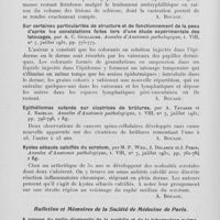 1303 - Page 1278 - Analyses des principaux travaux reçus en août 1931. Sur un cas de syphilis testiculaire, par J. Contiades. Annales d'anatomie pathologique, 1931 / Sur certaines particularités de structure et de fonctionnement de la peau d'après les constatations faites lors d'une étude expérimentale des tatouages, par A. C. Guillaume. Annales d'anatomie pathologique, 1931 / Epithéliomas cutanés sur cicatrices de brûlures, par A. Tavares et J. Bacelar. Annales d'anatomie pathologique, 1931 / Kystes sébacés calcifiés du scrotum, par M. P. Weil, J. Delarue et J. Porin, annales d'anatomie pathologique, 1931 / A propos du radio-diagnostic de la syphilis et de la tuberculose pulmonaire, par Mélamet et Tilmant. Bulletins et mémoires de la société de médecine de Paris, 1931
