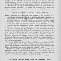 1305 - Page 1280 - Analyses des principaux travaux reçus en août 1931. Réaction de Wassmerann positive, anomalie isolée du liquide céphalo-rachidien, par A. Sézary, A Barbé et G Lévy. Bulletins et mémoires de la société médicale des hôpitaux de Paris, 1931 / Règles générales des traitements antisyphilitiques. La doctrine de la surveillance périodique indéfinie et la nécessité des traitements de consolidation pendant de longues années, par Gougerot. Publication de la commission générale de propagande de l'office national d'hygiène sociale (Ministère de la santé publique), gazette des hôpitaux, 1931 / Ce qu'on doit savoir des syphilis arséno-résistantes, par H. Gougerot et A. Carteaud. Journal de médecine et de chirurgie pratiques, 1931