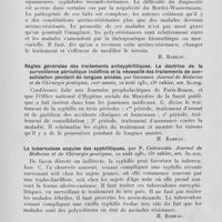 1306 - Page 1281 - Analyses des principaux travaux reçus en août 1931. Ce qu'on doit savoir des syphilis arséno-résistantes, par H. Gougerot et A. Carteaud. Journal de médecine et de chirurgie pratiques, 1931 / Règles générales des traitements antisyphilitiques. La doctrine de la surveillance périodique indéfinie et La nécessité des traitements de consolidation pendant de longues années, par Gougerot. Journal de médecine et de chirurgie pratiques, 1931 / La tuberculose acquise des syphilitiques, par P. Chevallier. Journal de médecine et de chirurgie pratiques, 1931 / Les opinions de j. Jadassohn sur quelques points importants de syphiligraphie, par R. Cohen. Journal de médecine et de chirurgie pratiques, 1931