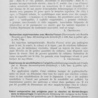 1311 - Page 1286 - Analyses des principaux travaux reçus en août 1931. Syphilis et Mort (Syphilis et mors), par A. Jordan et J. Staroff. Dermatologische zeitschrift, 1931 / Recherches expérimentales avec monilia fioccol (Tierversuche mit monilia fioccoi), par J. Zoon. Dermatologische zeitschrift, 1931 / Expériences de sensibilisation à l'ursol (Sensibilisierung versuche mit ursol), par A. Müller. Dermatologische zeitschrift, 1931 / Valeur comparative des antigènes pour la réaction de Dordet-gengou dans la blennorragie (Vergleichende schätzung der antigène in der reaktion Dordet-gengou bei gonorrhoe), par D. Zelischtschewa. Dermatologische zeitschrift, 1931