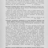1312 - Page 1287 - Analyses des principaux travaux reçus en août 1931. Valeur comparative des antigènes pour la réaction de Dordet-gengou dans la blennorragie (Vergleichende schätzung der antigène in der reaktion Dordet-gengou bei gonorrhoe), par D. Zelischtschewa. Dermatologische zeitschrift, 1931 / Sarcoïdes multiples bénins chez un nourrisson (Multiples benigues sarkoid bei einem säugling), par R. Pollaud. Dermatologische zeitschrift, 1931 / Folliculite sycosiforme atrophiante du corps (Folliculite dépilante des parties glabres d'arnozan et Dubreuilh) (Folliculitis sycosiformis atrophicans corporis), par P. Photinos. Dermatologische zeitschrift, 1931 / Gangrène cutanée multiple dans la péri-arthrite noueuse (Multiple hautgangrän bei periarthritis nodosa), par H. Löhe et H. Rosenfeld. Dermato-logische zeitschrift, 1931