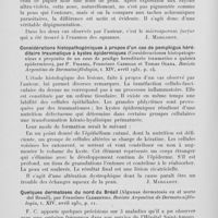 1323 - Page 1298 - Analyses des principaux travaux reçus en août 1931. Deux cas d'achromie par le pityriasis versicolor (Dos casos de acromia por pitiriasis versicolor), par L. E. Pierini. Revista argentina de dermatosifilologia, 1931 / Considérations histopathogéniques à propos d'un cas de pemphigus héréditaire traumatique à kystes épidermiques (Consideraciones histopatogenicas e proposito de un caso de penfigo hereditario traumático a quistes epidérmicos), par P. Fidanza, Francisco Carrillo et Tomas Ocana. Revista argentina de dermatosifilologia, 1931 / Quelques dermatoses du nord du Brésil (Algunas dermatosis en el norte del Brasil), par Francisco Clementino. Revista argentina de dermatosifilologia, 1931