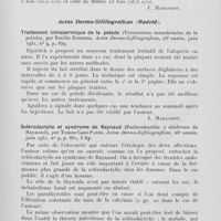 1326 - Page 1301 - Analyses des principaux travaux reçus en août 1931. La réaction de pelotonnement de Müller dans le diagnostic sérologique de la syphilis (La reacción de apelotonamiento de Müller en el diagnostico serologico de la sifilis), par Vicente Pardo Castello et Moises Chediak. Boletín de la sociedad cubana de dermatologia y sifilografia, 1931 / Traitement intradermique de la pelade (Tratamiento intradermico de la pelada), par Emilio Enterria. Actas dermo-sifiliograficas, 1931 / Sclérodactylie et syndrome de raynaud (Esclerodactilia y sindrome de raynaud), par Tomas Caro-Paton. Actas dermo-sifiliograficas, 1931