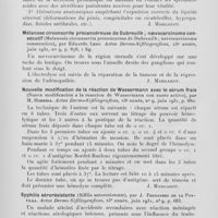 1328 - Page 1303 - Analyses des principaux travaux reçus en août 1931. La stérilité chez l'homme (La esterilidad en el hombre), par Ricardo Bertoloty. Actas dermo-sifiliograficas, 1931 / Mélanose circonscrite précancéreuse de Dubreuilh ; naevocarcinome consécutif (Malanosis circunscrita precancerosa de dubreuilh ; nevrocarcinoma consecutivo), par Eduardo Ledo. Actas dermo-sifiliograficas, 1931 / Nouvelle modification de la réaction de Wassermann avec le sérum frais (Nueva modificación à la reaccion de Wassermann con suero activo), par M. Hombria. Actas dermo-sifiliograficas, 1931 / Syphilis sérorésistante (Sifilis seroresistente), par J. Fernandez de la Portilla. Actas dermo-sifiliograficas, 1931