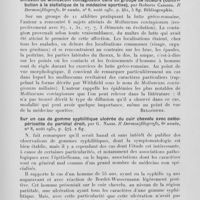 1338 - Page 1313 - Analyses des principaux travaux reçus en août 1931. Considérations cliniques sur un cas de pseudo-trichotillomanie, parg. Pedantoni-satta. Il dermosifilografo, 1931 / Diffusion de molluscum contagiosum dans un groupe de lutteurs (Contribution à la statistique de la médecine sportive), par Roberto Casazza. Il dermosifilografo, 1931 / Sur un cas de gomme syphilitique ulcérée du cuir chevelu avec ostéo périostite du pariétal droit, par G. Nardi. Il dermosifilografo, 1931