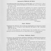 0410 - Page 409 - Analyses des principaux travaux reçus en décembre 1933. Le traitement ambulatoire des ulcères de jambe, par J. Rousset. Journal de Médecine et de Chirurgie pratiques, 25 décembre 1933 / Les entérococcides des enfants du premier âge, par H. Montlaur, J. Montlaur et S. Vidal. Journal de Médecine de Paris, 7 décembre 1933 / Traitement du chancre mou et de ses complications au moyen du vaccin Dmelcos, par A. J. Relias. Paris Médical, 2 décembre 1933 / Le devenir des paralytiques généraux malarisés, expérience de neuf ans de malariathérapie, par H. Claude et P. Masquin. La Presse Médicale, 13 décembre 1933