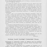 0218 - Page 218 - Analyses des principaux travaux reçus en octobre 1935. Contribution à la syphilis des vésicules séminales, par D. A. Elkine et b. P. Métalnikoff. Sovietskaïa Dermatologia, 1934 / Un cas de granulome annulaire, par E. K. Bélowa. Sovietskaïa Dermatologia, 1934 / Contribution au mécanisme d'action du thallium dans les processus d'épilation, par W. A. Obydennoff. Sovietsky Vestnik Venerologii i Dermatologii, 1934