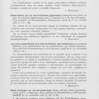 0410 - Page 413 - Analyses des principaux travaux reçus en décembre 1935. Leishmaniose cutanée et lupus tuberculeux évoluant simultanément chez un même malade (Leishmaniosis cutánea y lupus tuberculoses evolucionando simultáneamente en un mismo enfermo), par S. Noguer More. Ecos españoles de Dermatologia y Sifiliografia, octobre 1935 / Observations sur un cas d'urticaire pigmentaire (Observaciones sobre un caso de urticaria pigmentaria), par C. Casanovas et J. M. Sela Ginabreda. Ecos españoles de Dermatologia y Sifiliografia, octobre 1935 / Les vieux syphilitiques et la standardisation des traitements (Los antiguos sifililicos y la mecanización de los tratamientos), par Ganido Quintana. Ecos españoles de Dermatologia y Sifiliografia, novembre 1935 / Notes cliniques sur les kératodermies (Notas clinicas sobre queratoder-mias), par F. L. Martinez. Ecos españoles de Dermatologia y Sifiliografia, novembre 1935