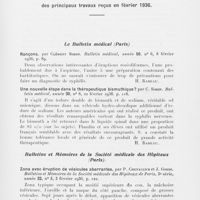 0596 - Page 599 - Analyses des principaux travaux reçus en février 1936. Rançons, par Clément Simon. Bulletin médical, 8 février 1936 / Une nouvelle étape dans la thérapeutique bismuthique? par C. Simon. Bulletin médical, 22 février 1936 / Zona avec éruption de vésicules aberrantes, par P. Chevallier et J. Gorse. Bulletins et Mémoires de la Société médicale des Hôpitaux de Paris, 3 février 1936