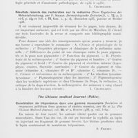 0613 - Page 616 - Analyses des principaux travaux reçus en février 1936. Sur le lupus érythémateux familial (Ueber lupus erythematodes familiaris), par L. N. Maschkilleisson et l. A. Neradon. Dermatologische Zeitschrift, février 1936 / Résultats récents des recherches sur la mélanine (Neue Ergebnisse der Melaninforschung, par F. Schaaf. Dermatologische Zeitschrift, décembre 1935, janvier et février 1936 / Constatation de tréponèmes dans une gomme musculaire (Isolation of treponema pallidum from gumma of skeleta muscle), par Hu et Li. The Chinese Medical Journal, février 1936