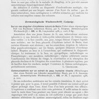 0072 - Page 72 - Analyses des principaux travaux reçus en septembre 1936. Casuistique des affections du squelette dans la tuberculose cutanée (Enchondrome multiple du lupus (Zur kasuistik der skeleterkrankungenbei hauttuberkulose (Multiples enchondrom bei lupus), par F. F unstein. Archiv fü r dermatologie und syphilis / Sur un cas singulier d'érythème induré de Bazin (Ueber einen eigeoartigeiifall von erythema induratum bazin), par G. Stümpke. Dermatologische wochenschrift / Communications sur un extrait de peau humaine vivante (Mitteilungenüber einen extrakt aus lebender menschlicher haut), par J. S. Schwarzmann. Dermatologische wochenschrift
