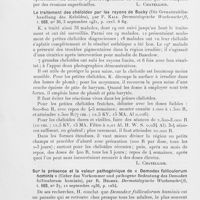 0074 - Page 74 - Analyses des principaux travaux reçus en septembre 1936. Vaccine accidentelle de la langue (Akzideotelle vakzineerkrankung der zunge), par P. Berggreen. Dermatologische wochenschrift / Le traitement des chéloïdes par les rayons de Bucky (Die grenzstrahlbehandlungdes keloides), par F. Kalz. Dermatologische wochenschrift / Sur la présence et la valeur pathogénique de « demodex folliculorumhominis » (Ueber das vorkommerund pathogène bedeutudg des demodexfolliculorum hominis), par R. Helmke. Dermatologische wochenschrift