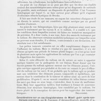0090 - Page 90 - Analyses des principaux travaux reçus en septembre 1936. Deux cas d'épithélioma adénoïde kystique de brooke traités par Leradium, par E. Capelli. Il Dermosifilografo / Considérations sur un cas d'angiokératome de Mibelli guéri après opothérapie ovarienne, par M. Pastorino. l dermosifilografo