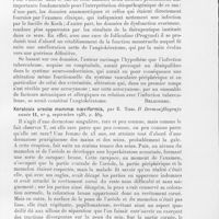 0091 - Page 91 - Analyses des principaux travaux reçus en septembre 1936. Considérations sur un cas d'angiokératome de Mibelli guéri après opothérapie ovarienne, par M. Pastorino. l dermosifilografo / Keratosis areolae mammae noeviformis, par E. Tissi. Il dermosifilografo