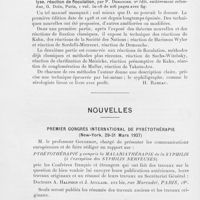 0096 - Page 96 - Livres nouveaux. Précis de technique du séro-diagnostic de la syphilis. Réactions d'hémolyse, réaction de floculation, par P. Démanché. 2e édit, entièrement refondue, G. Doin, Paris / Nouvelles. Premier congrès international de pyrétothérapie (New-York, 29-31 mars 1937)