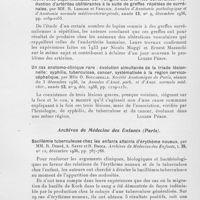 0300 - Page 300 - Analyses des principaux travaux reçus en décembre 1936. Recherches expérimentales sur l'origine des artérites oblitérantes. Production d'artérites oblitérantes à la suite de greffes répétées de surrénales, par Mm. R. Leriche et Froelich. Annales d'anatomie pathologique et d'anatomie normale médico-chirurgicale / Un cas anatomo-clinique rare : évolution simultanée de la triade lésion- Nelle: syphilis, tuberculose, cancer, systématisée à la région cervico-céphalique, par Mlle O. Boucabeille. Société anatomique de Paris, séance du 3 décembre 1936, in annales d'anat. Path. Et d'anal. Normale méd. Chir / Bacillémie tuberculeuse chez les enfants atteints d'érythème noueux, par Mm. R. Debré, A. Saenz et R. Broca. Archives de médecine des enfants