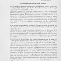 0316 - Page 316 - Analyses des principaux travaux reçus en décembre 1936. Les allergoses cutanées et leur traitement par l'hormonothérapie (Kutane allergosen und ihre hormontherapeutische beeinflussung), par F. Lippert. Dermatologische wochenschrift / Sur l'irradiation à courte distance des épithéliomas (Ueber nahbestrahlung von Epitheliomen), par H. G. Bode. Dermatologische Zeitschrift / Hyperkeratosis subungualis congenita ou pachyonichia congenita, par A. Jordan et H. Rydnick. Dermatologische zeitschrift / Contributions à la pathologie des lésions vasculaires de la (Fin) (Beiträge zur pathologie der gefässerkrankungen der haut, par A. Wiedmann. Dermatologische zeitschrift