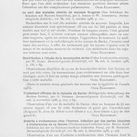 0318 - Page 318 - Analyses des principaux travaux reçus en décembre 1936. Sur le diagnostic sérologique de la tuberculose, principalement dans le lupus (Ueber serodiagnose bei tuberkulose, insbesondere bei lupus). Dermatologische zeitschrift / Le sort des malades atteints de mycosis fongoïde (Das schicksal der kranken mit mycosis fongoïdes), par A. Jordan et W. Areschewa. Dermatologische zeitschr / Contribution à l'étude de la leuconychie striée (Ueber leukonychia striata), par W. Frohn. Dermatologische zeitschrift / Traitement efficace de la maladie de Darier (Erfolgreiche behandlung des morbus Darier), par O. Ditdrich. Dermatologische zeitschrift / Urétrite à trichomonas chez l'homme. Infection par Des pertes blanches à trichomonas de sa femme (Trichomonas-urethritis beim manne durch infektion bei der an trichomonasfluar leidenden frau), par M. Rodecurt. Dermatologische zeitschrift